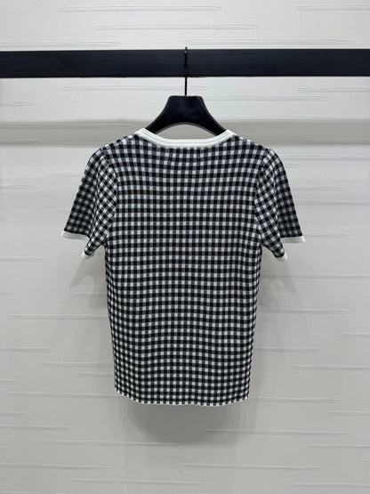 MIUMIU CREW NECK SHORT-SLEEVE PLAID KNIT TOP 274833