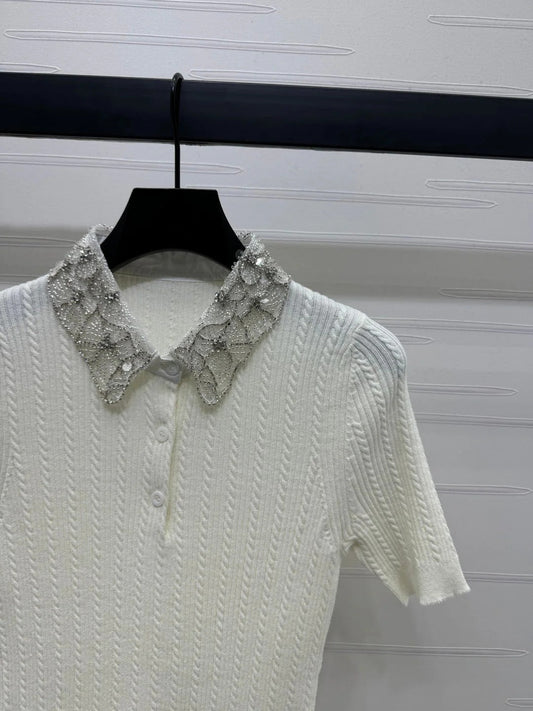 MIU 25S SHORT SLEEVE BEADED COLLAR SHIRT 264247