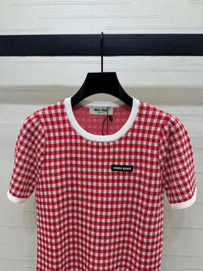 MIUMIU CREW NECK SHORT-SLEEVE PLAID KNIT TOP 274834