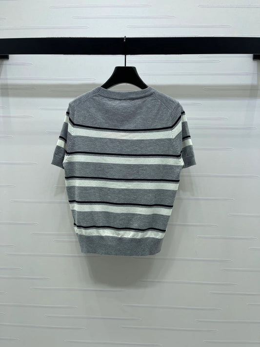 Miumiu 2026 Crew Neck Striped Short-sleeved Knit Top Gray Cotton 352436