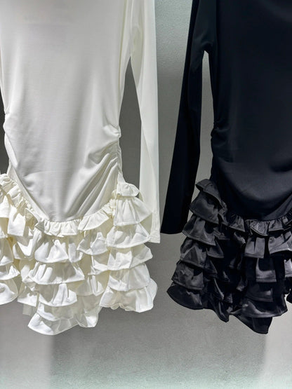 Miumiu 2026 Off-the-shoulder Tiered Dress Black and White Cotton
