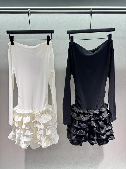 Miumiu 2026 Off-the-shoulder Tiered Dress Black and White Cotton