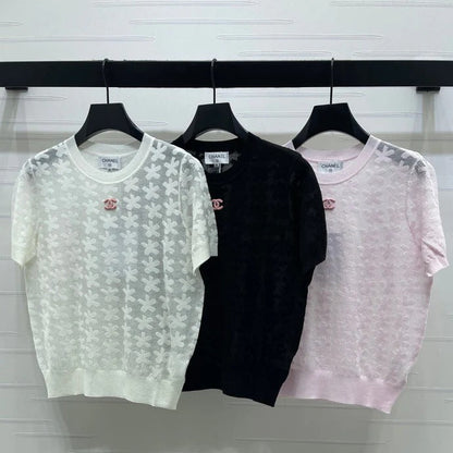 Chanel 2026 Floral Pattern Knit Short-Sleeve T-Shirt Wool 355636