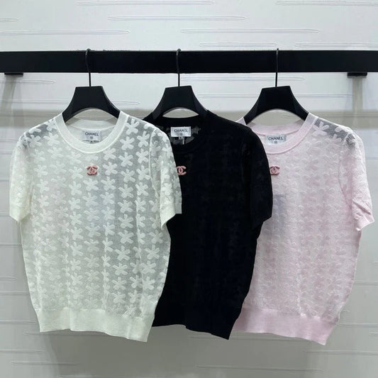 Chanel 2026 Floral Pattern Knit Short-Sleeve T-Shirt Wool 355636