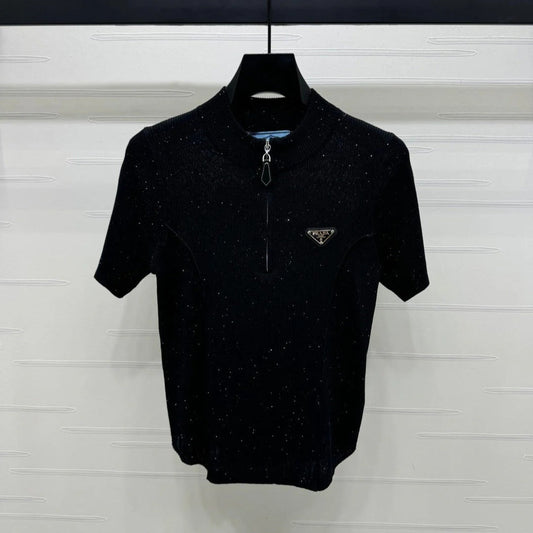 PRADA MOCK NECK SHORT-SLEEVE KNIT TOP BLACK 274816