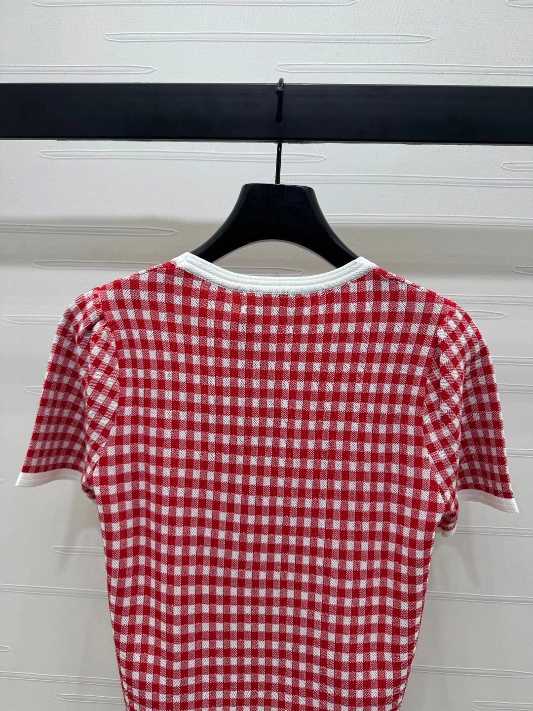 MIUMIU CREW NECK SHORT-SLEEVE PLAID KNIT TOP 274834
