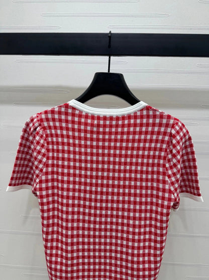 MIUMIU CREW NECK SHORT-SLEEVE PLAID KNIT TOP 274834