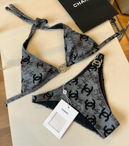 SWIMSUIT IN GREY AND BLACK PRINTED LOGO 604224