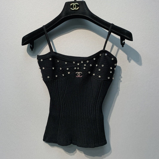 Chanel 2026 Knit Camisole White and Black Polyester Viscose