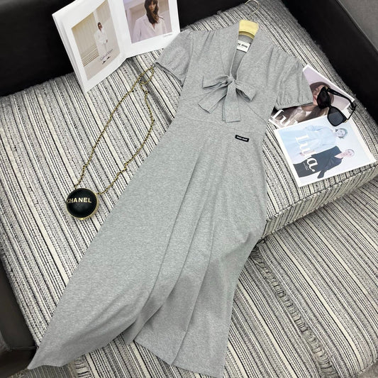 Miumiu 2026 Dress with a Bow Tie Gray Cotton