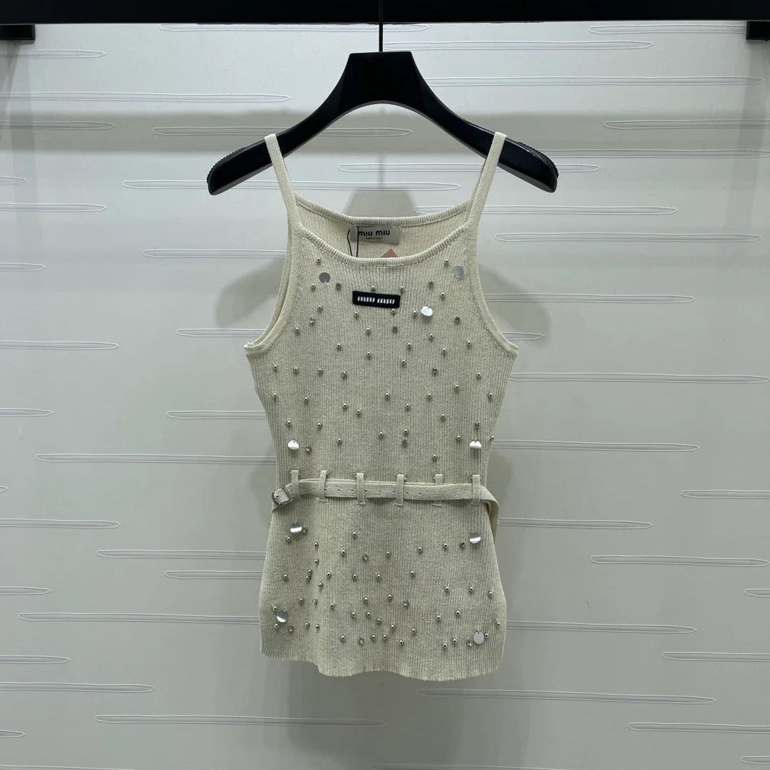 Miumiu 2026 Knit Top With Crystal Details And Belted Waist Wool