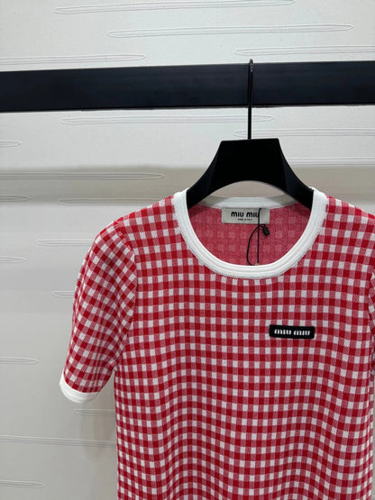 MIUMIU CREW NECK SHORT-SLEEVE PLAID KNIT TOP 274834