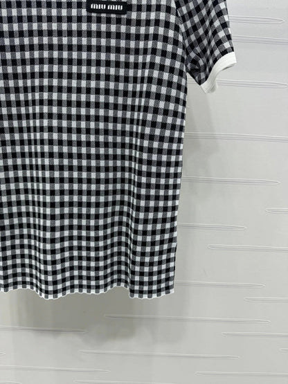 MIUMIU CREW NECK SHORT-SLEEVE PLAID KNIT TOP 274833