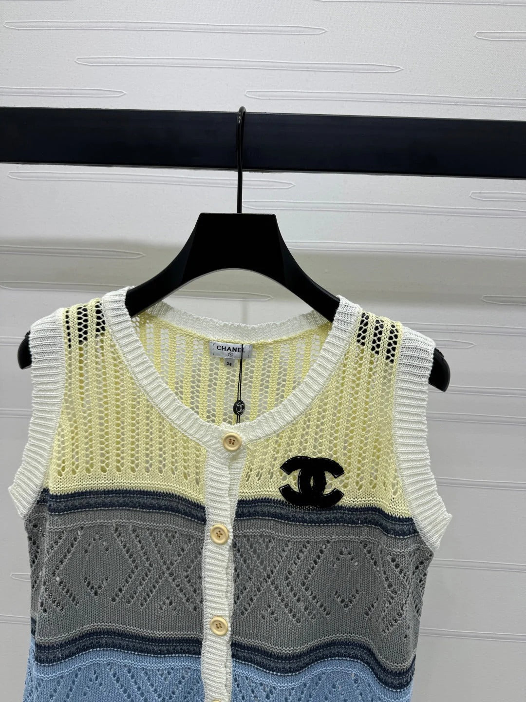 CHANEL EMBROIDERED LOGO OPEN-KNIT VEST 274869