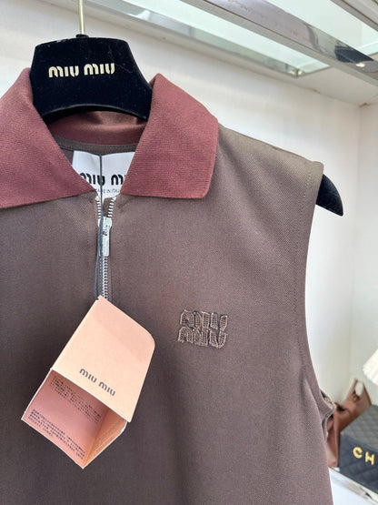 Miumiu 2026 Sleeveless Polo Dress Brown Cotton