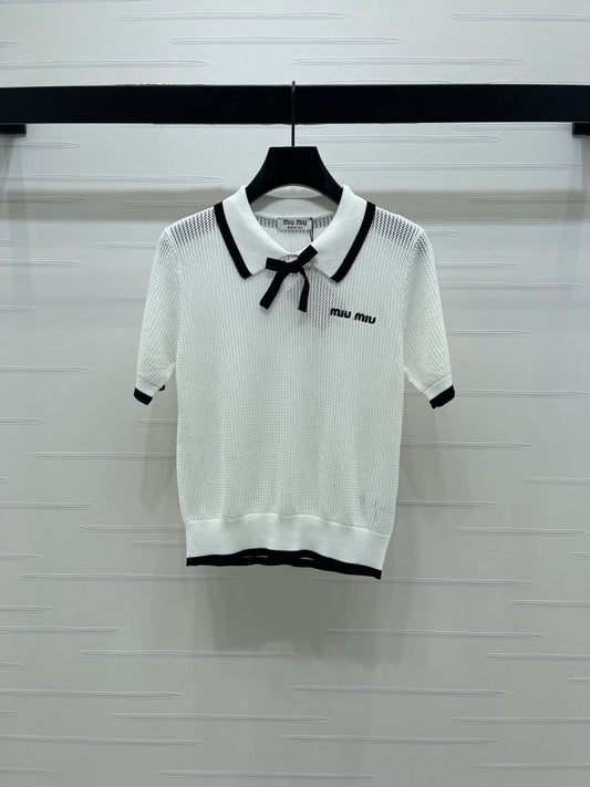 Miumiu 2026 Hollow-out Collar Knit Short-sleeved Top Wool Cashmere