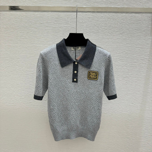 Miumiu 2026 Short-sleeved Knit Polo Shirt Beige and Gray Wool