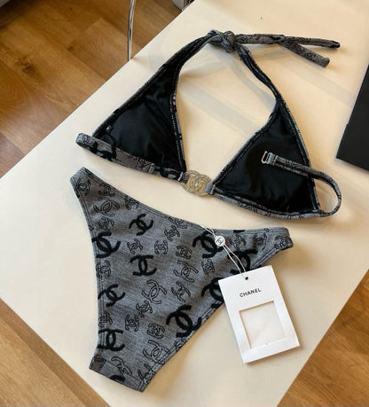 SWIMSUIT IN GREY AND BLACK PRINTED LOGO 604224