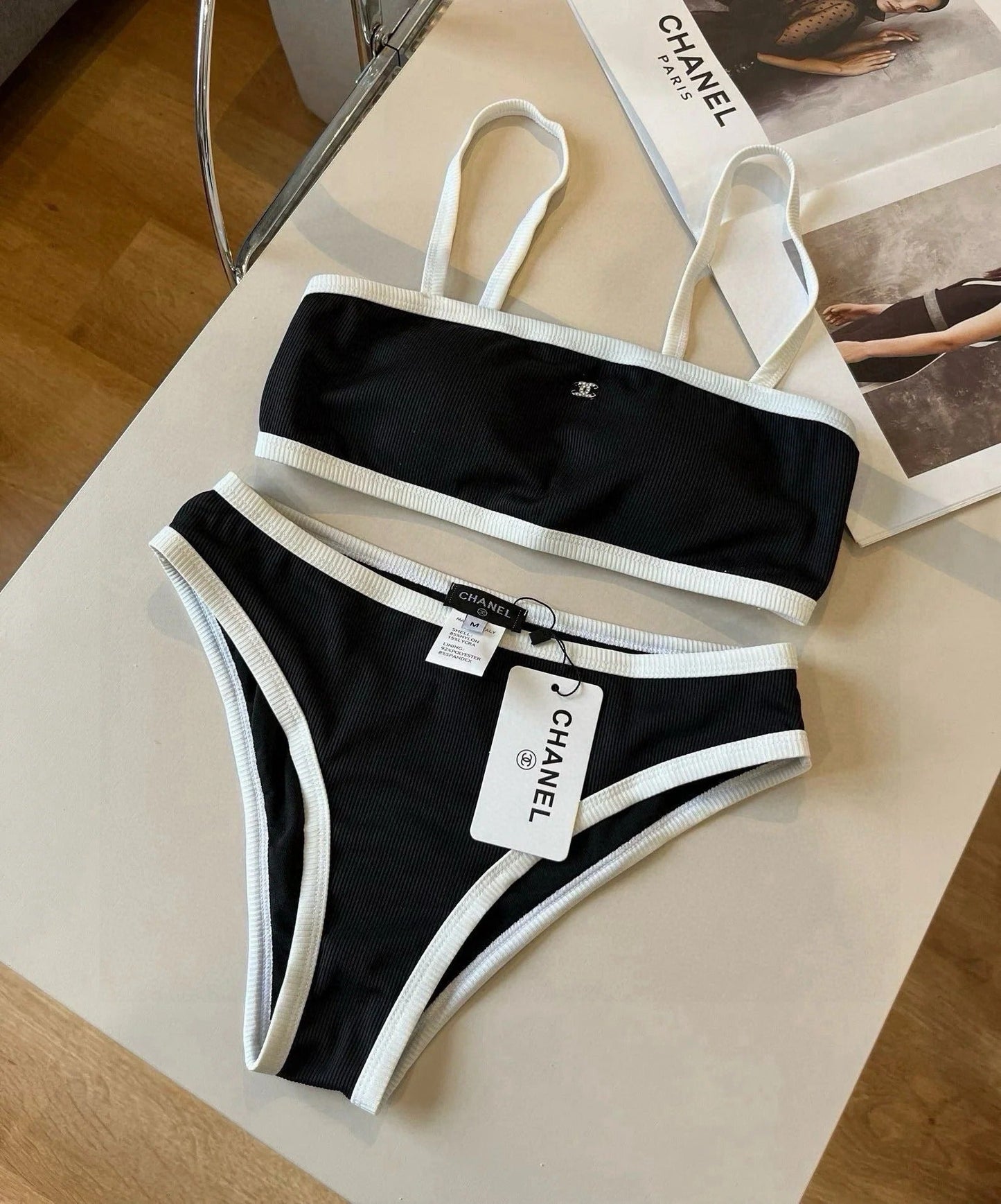 CC BIKINI SWIMSUIT SET IN BLACK AND WHITE TRIM 633212