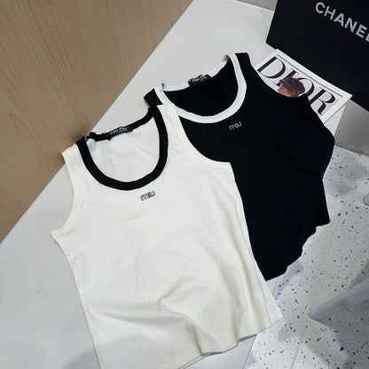 TANK TOP 615176 IN BLACK COTTON RIBBED WHITE TRIM