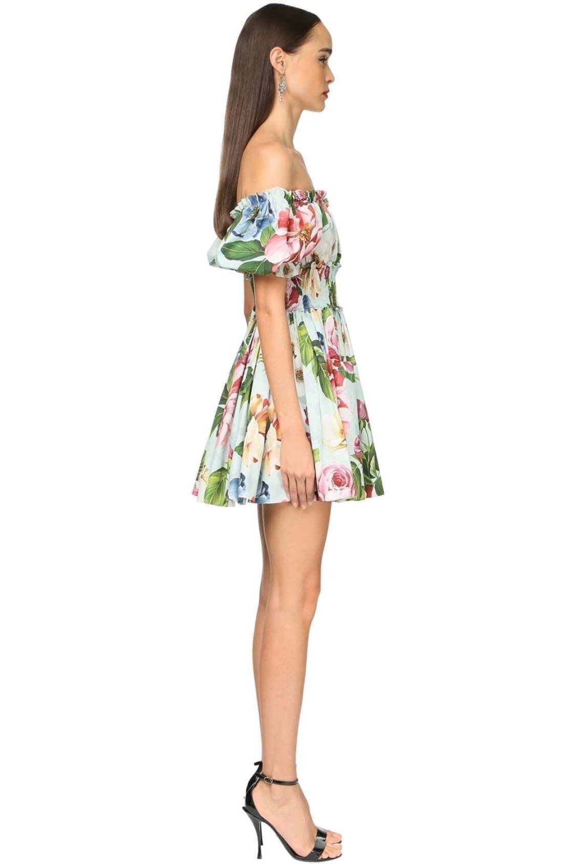 Vestido mini acampanado con corpiño fruncido y estampado de hiedra 