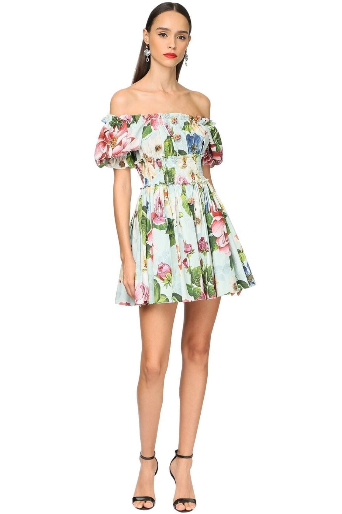 Vestido mini acampanado con corpiño fruncido y estampado de hiedra 