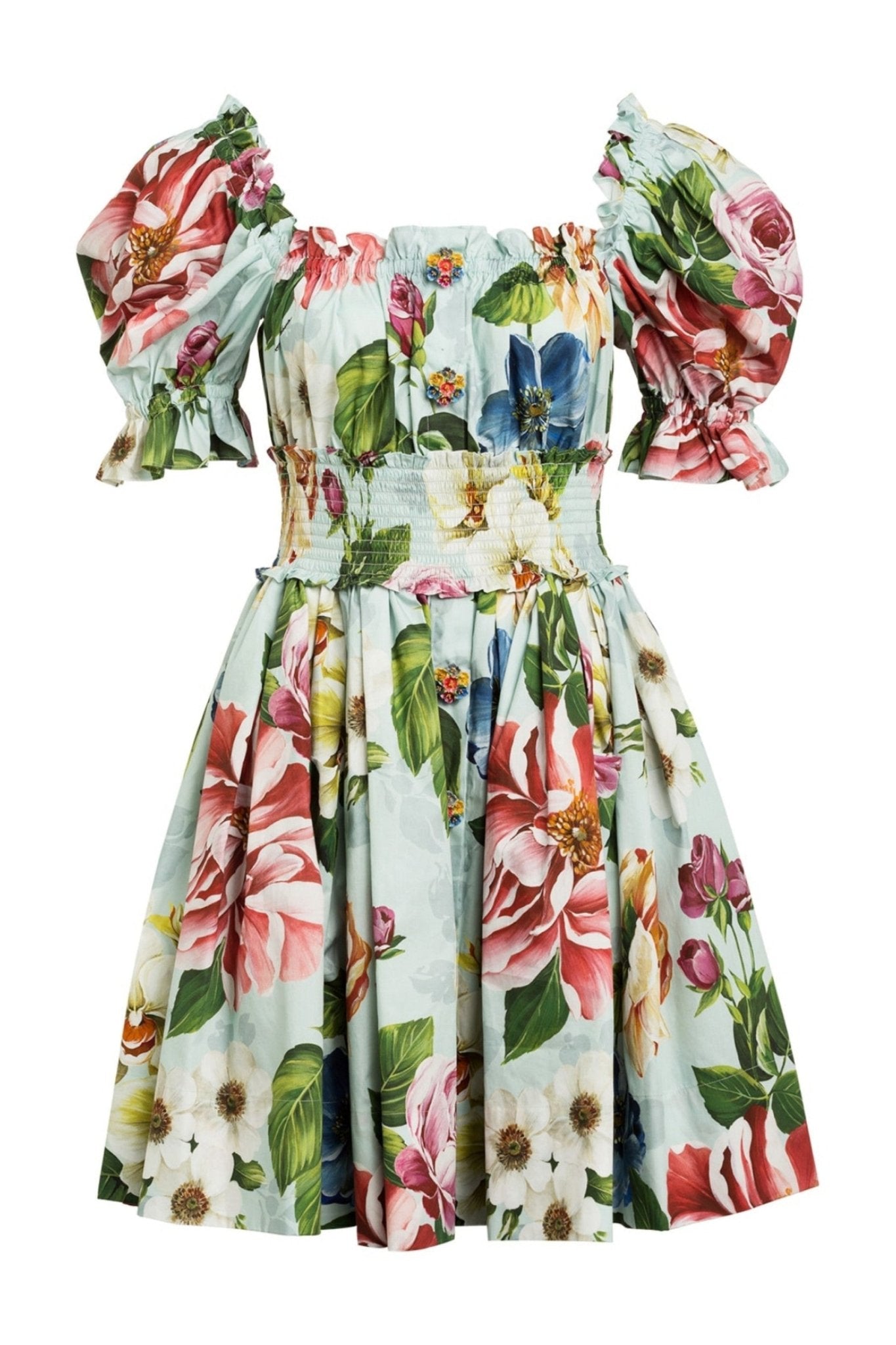 Vestido mini acampanado con corpiño fruncido y estampado de hiedra 