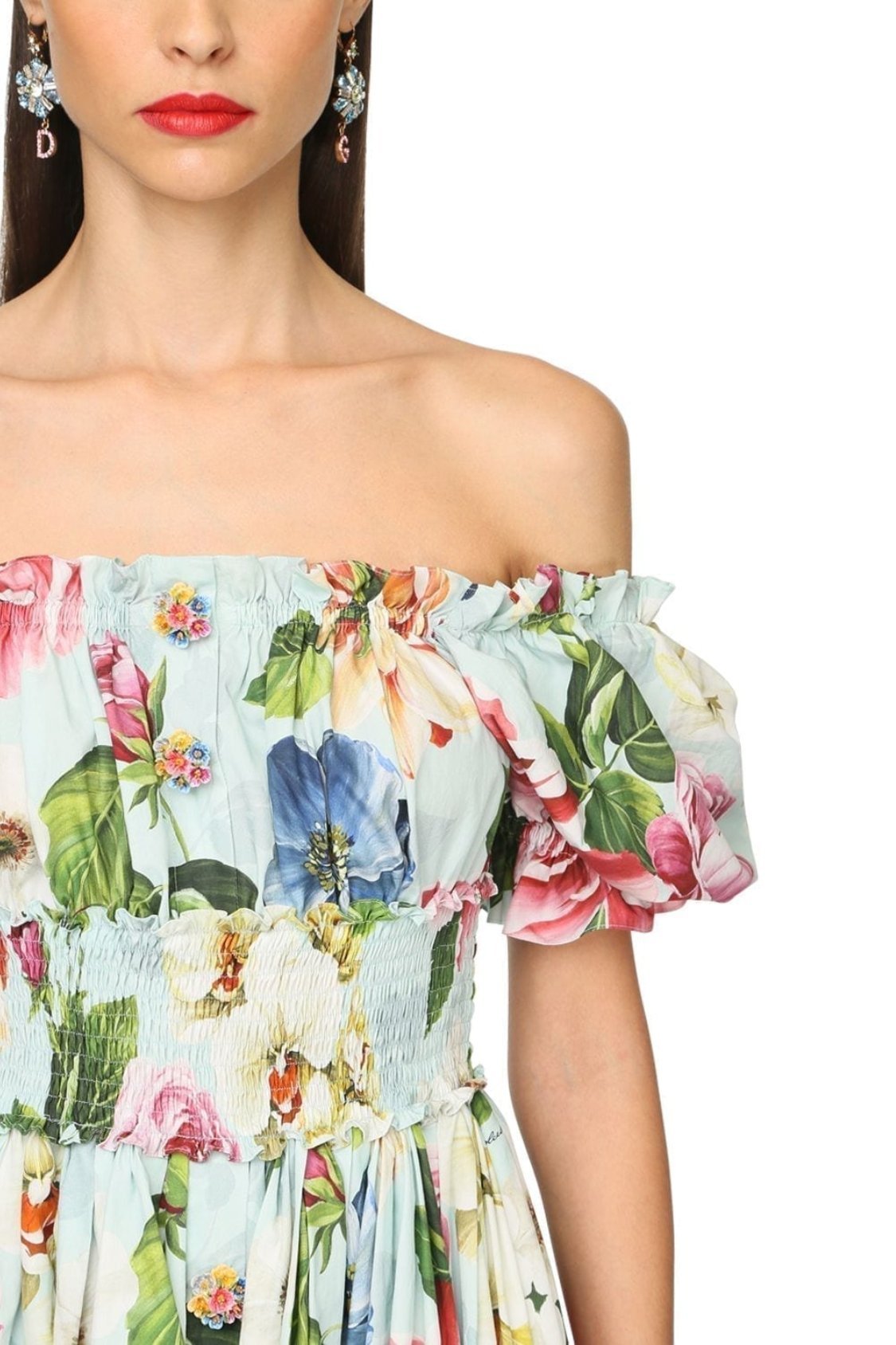 Vestido mini acampanado con corpiño fruncido y estampado de hiedra 