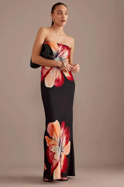 Vestido largo sin tirantes con estampado floral de Janice