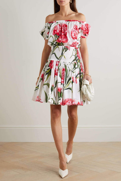 Vestido mini fruncido con hombros descubiertos y estampado Jemima 