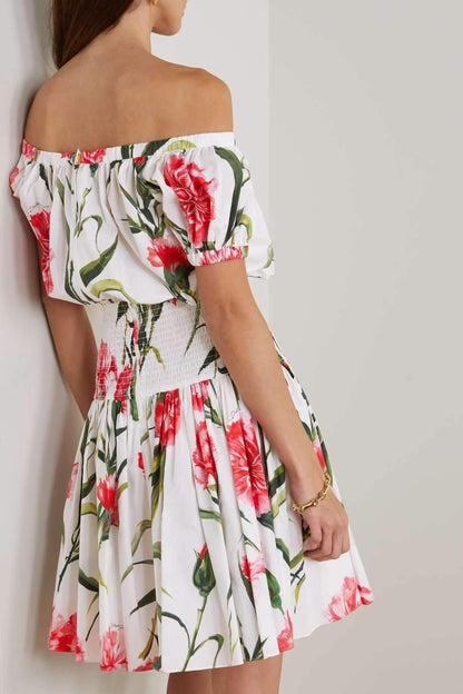Vestido mini fruncido con hombros descubiertos y estampado Jemima 