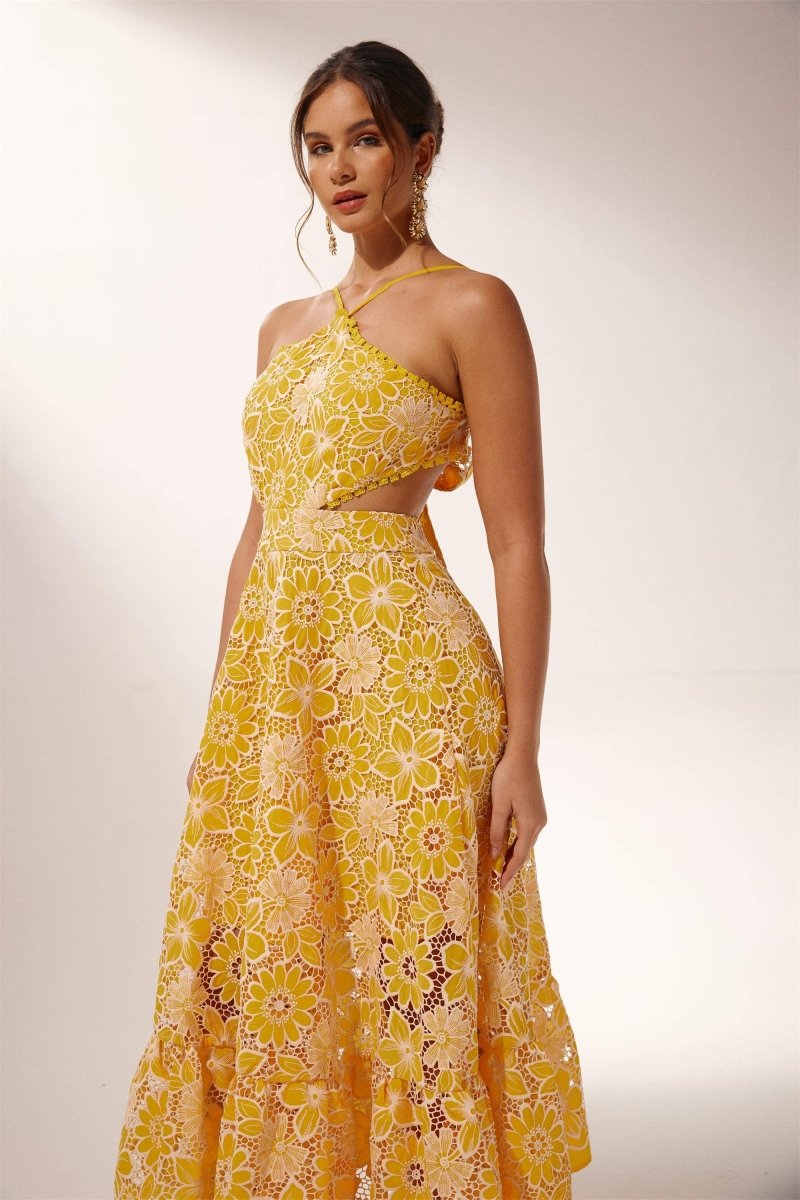 Vestido midi con cuello halter y encaje bordado Jessica 