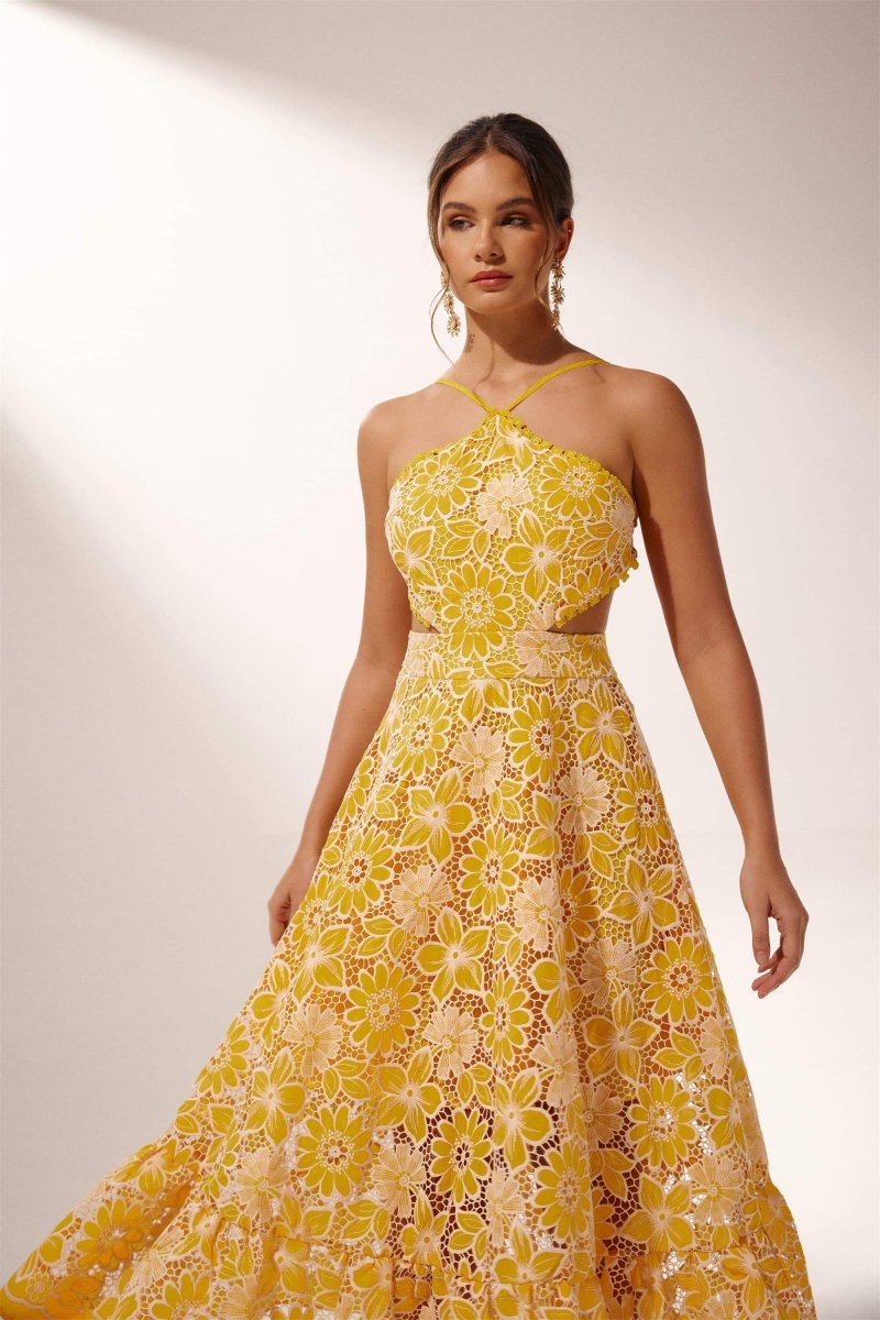 Vestido midi con cuello halter y encaje bordado Jessica 