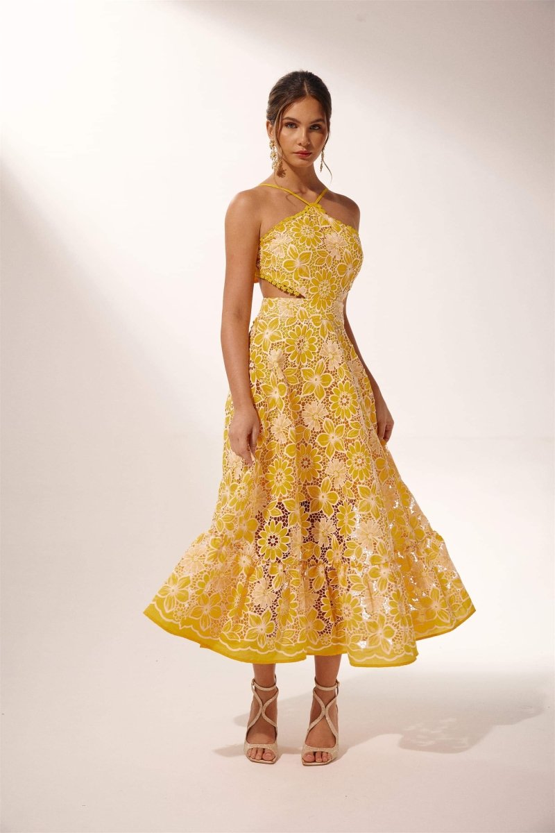 Vestido midi con cuello halter y encaje bordado Jessica 