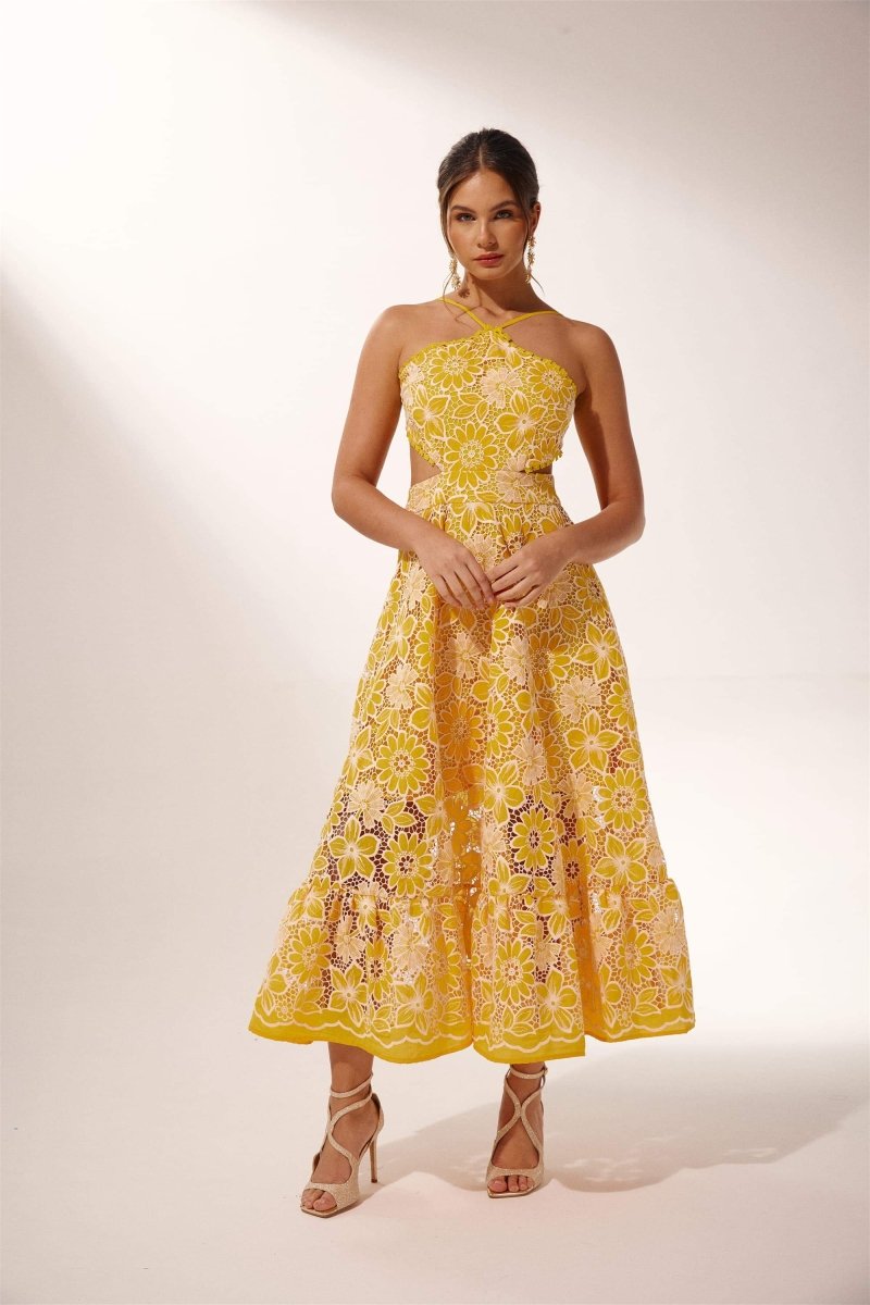 Vestido midi con cuello halter y encaje bordado Jessica 