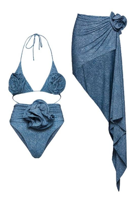 Conjunto de baño de tres piezas de mezclilla floral Joan 