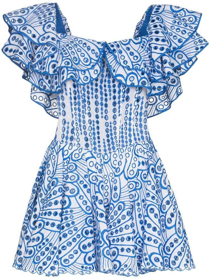 Vestido mini con vuelo y corpiño con volantes y encaje bordado Dolly 