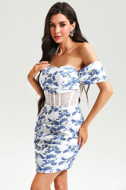 Minivestido floral de un solo hombro y espalda descubierta azul 