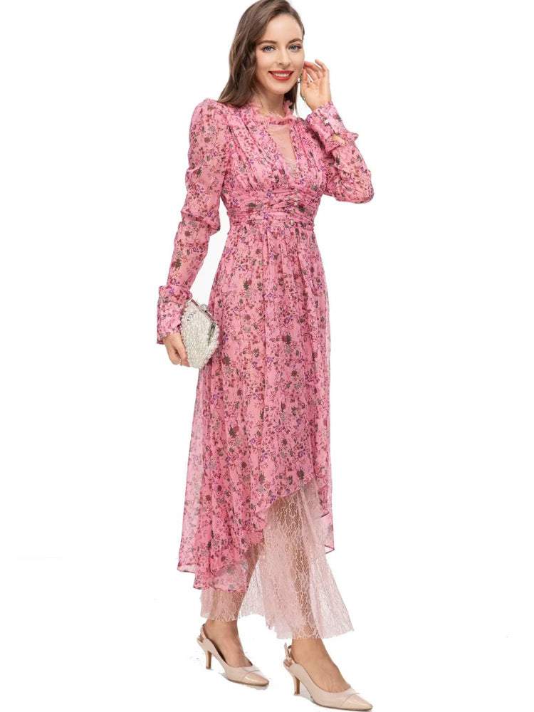 Vestido midi largo floral con cuello redondo y cintura de encaje 