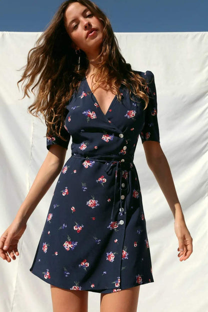 V-Neck Lace Up Wrapover Buckle Mini Dress
