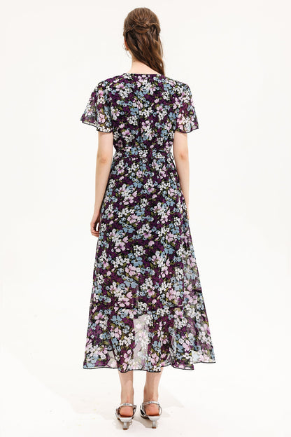 Vestido midi de manga corta con escote en V y estampado floral amarillo 