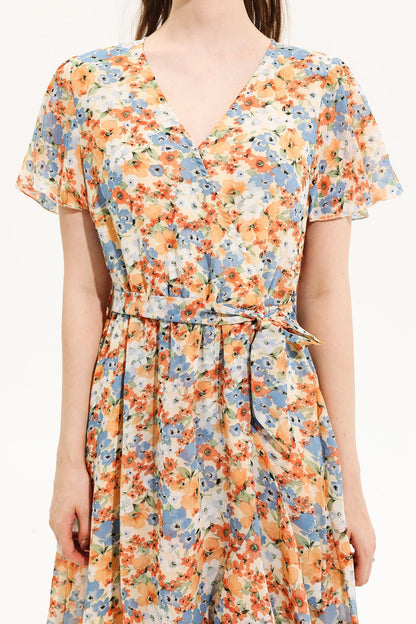 Vestido midi de manga corta con escote en V y estampado floral amarillo 
