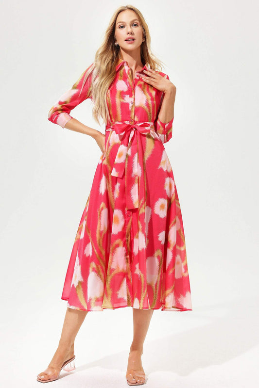 Vestido midi con solapa, encaje y manga corta con estampado floral 