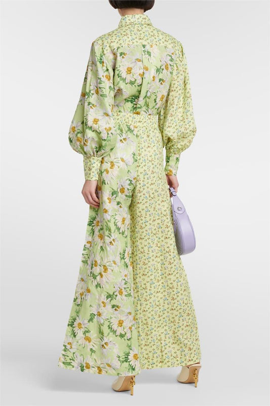 Conjunto de camisa de manga farol con estampado floral y pantalones largos holgados 