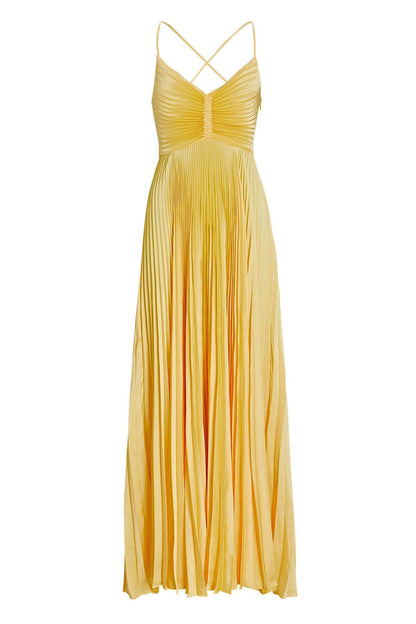 Vestido largo camisola plisado con cuello en V y cordones 