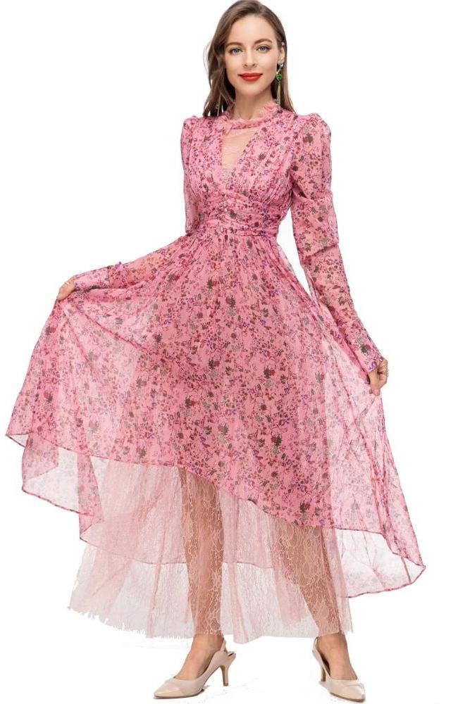 Vestido midi largo floral con cuello redondo y cintura de encaje 