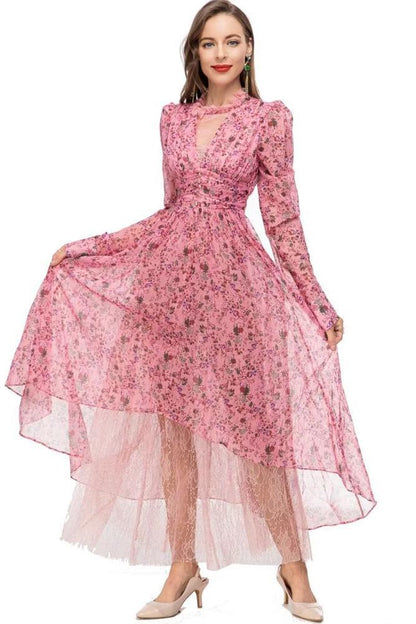 Vestido midi largo floral con cuello redondo y cintura de encaje 