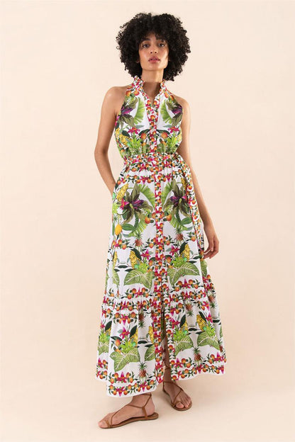 Vestido largo sin mangas con botones y cuello halter botánico 