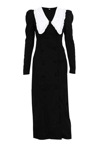 Vestido midi de manga larga con abertura y cuello en contraste con volantes de golondrinas 
