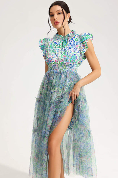 Vestido midi con cuello redondo, mangas onduladas y estampado abstracto 